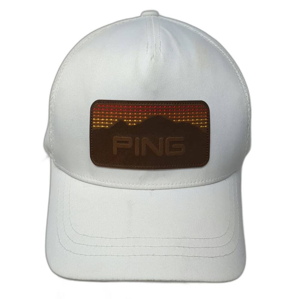PING Trucker Hat White One Size Snapback Mesh Performance Sunset Mountain Patch